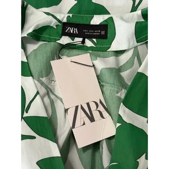 NWT Zara Floral Printed Midi Shirt Dress Women's L Cotton Green White Tropical - Picture 10 of 12
